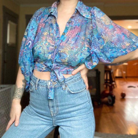 Vintage Tops - Vintage blue sheer tie front crop